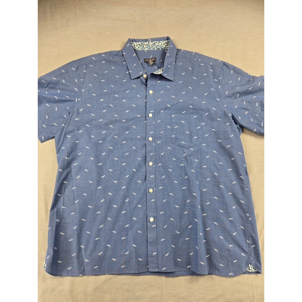 Van Heusen Mens XXL Blue Short Sleeve Button Down Car Print Casual Shirt